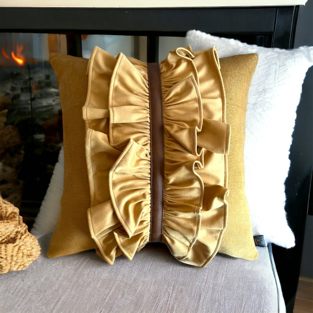 Ruffled Centre RIbbed Mustard Velvet Sateen Cushion Cover