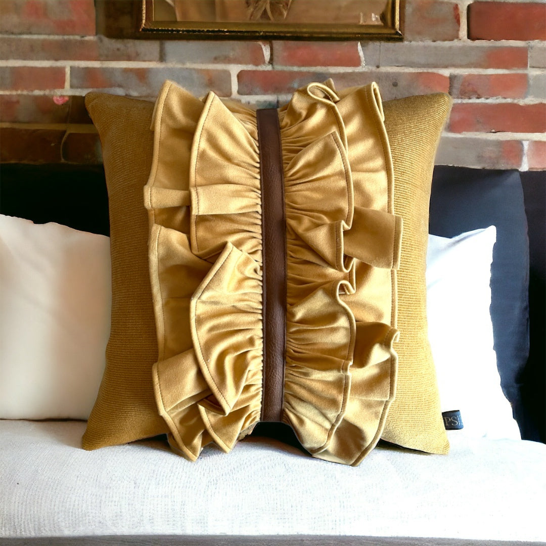 Ruffled Centre RIbbed Mustard Velvet Sateen Cushion Cover