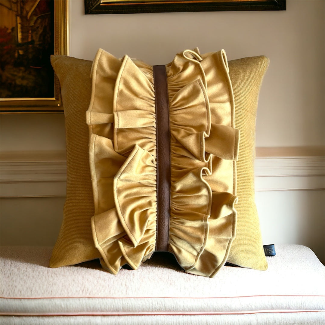Ruffled Centre RIbbed Mustard Velvet Sateen Cushion Cover