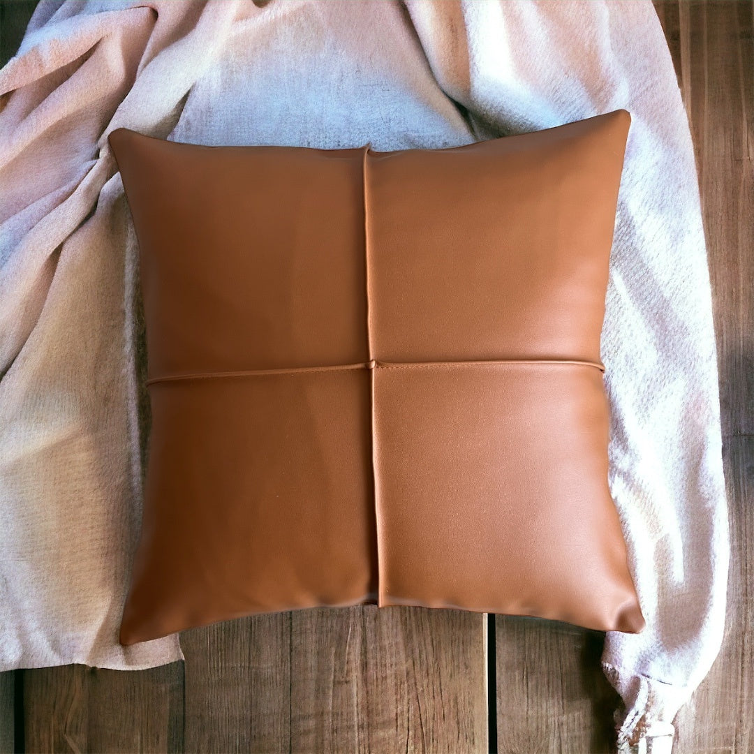 Stitched Brown Vegan Leather Matrix Pattern Cushion Cover