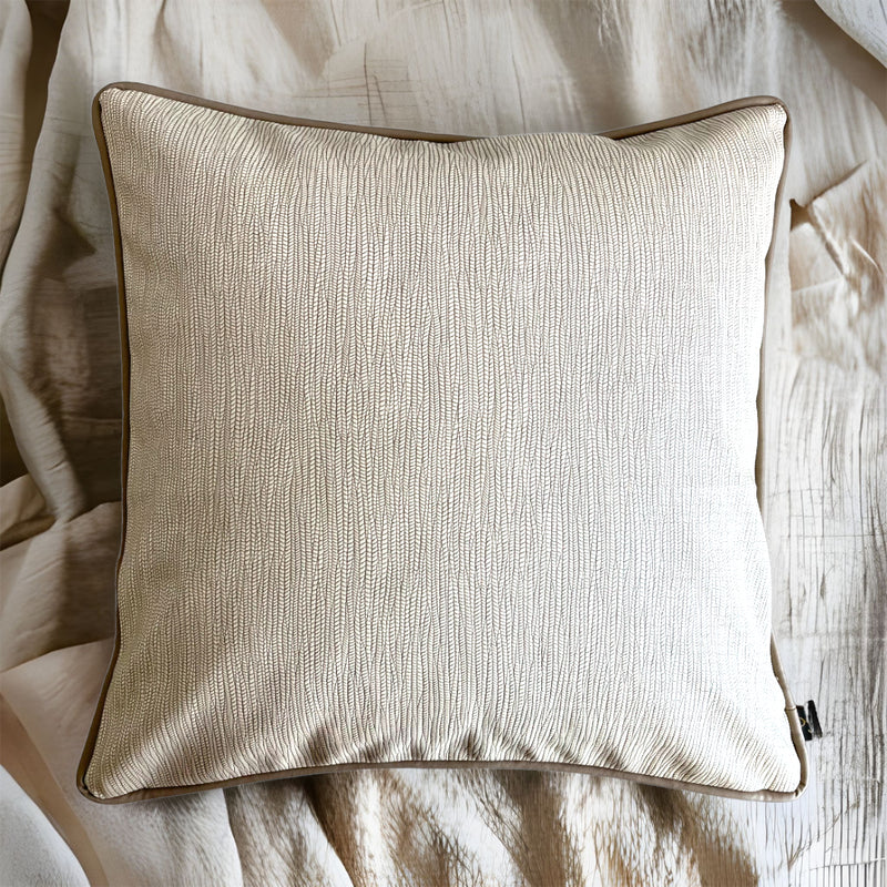 Beige Piped Textured Vegan Leather Cushion  Cover