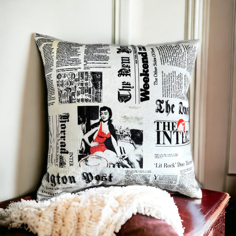 Captivating Art Noir Newspaper Print Velvet Cushion Cover