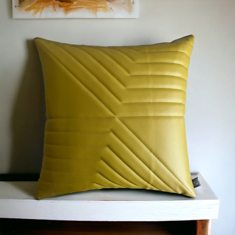 Geometric Stitched Vegan Leather Mustard Cushion Cover