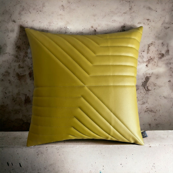 Geometric Stitched Vegan Leather Mustard Cushion Cover