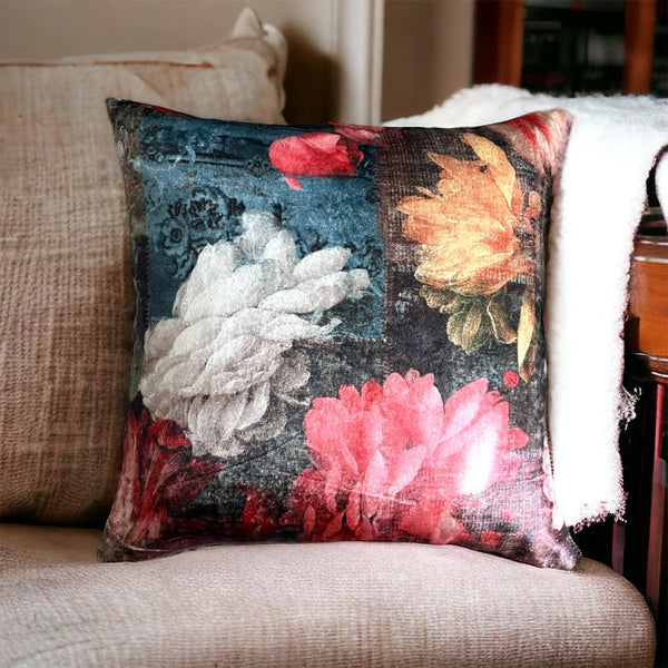 Colourful Flower Print Velvet Touch Cushion Cover