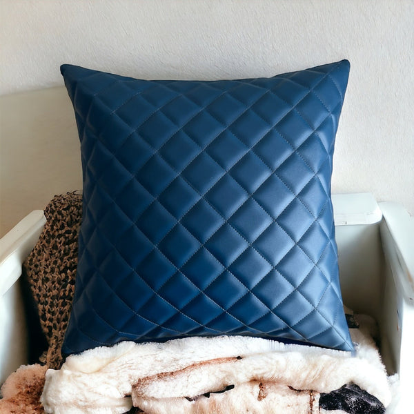 Exquisite Blue Vegan Leather Contemporary Quilted Cushion Cover