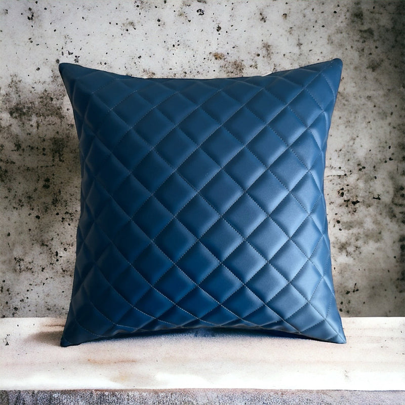 Exquisite Blue Vegan Leather Contemporary Quilted Cushion Cover