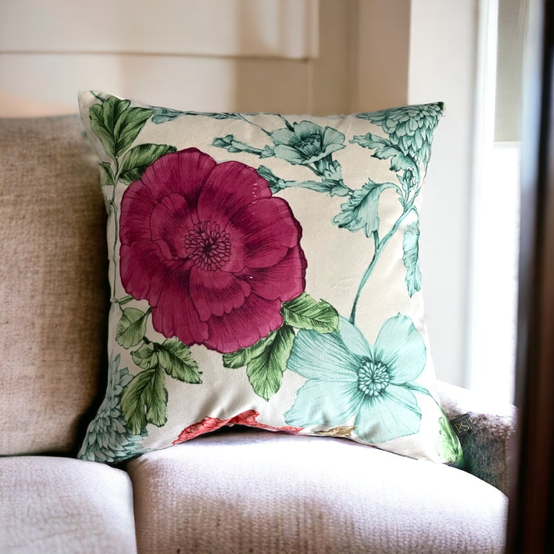 Rose Flower Patterned Velvet Cushion Cover