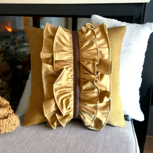 Ruffled Centre RIbbed Mustard Velvet Sateen Cushion Cover