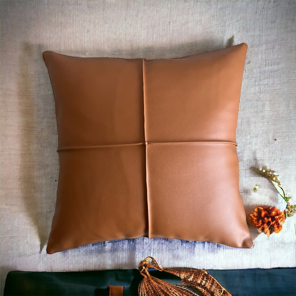 Stitched Brown Vegan Leather Matrix Pattern Cushion Cover