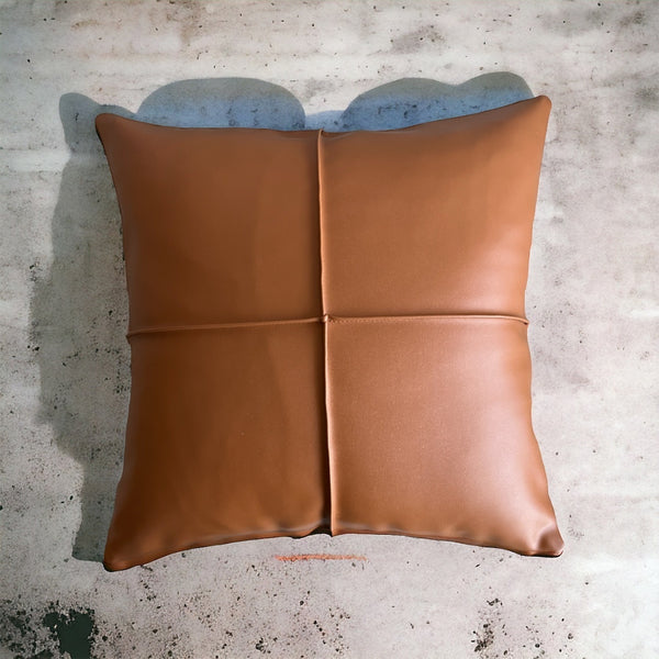 Stitched Brown Vegan Leather Matrix Pattern Cushion Cover